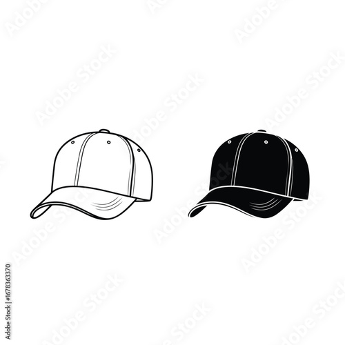 Two black and white illustrations of baseball caps, side view.
