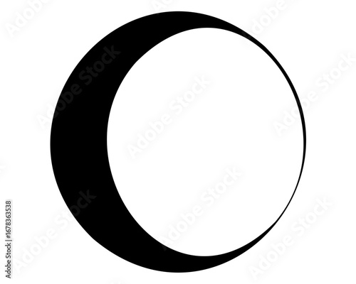Crescent moon shape with a dark black fill on a white background