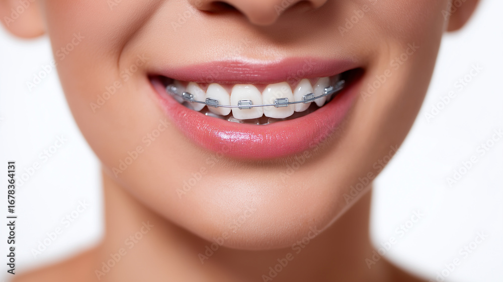 Obraz premium Close-up of a smiling mouth with braces on white teeth during orthodontic treatment.