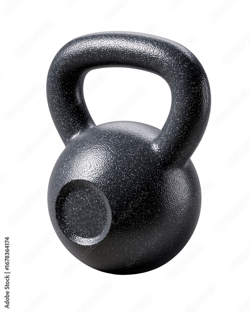 Fototapeta premium Kettlebell Closeup: A studio shot of a black kettlebell against an unblemished background, emphasizing its smooth design, strength-focused function, and essential role in modern fitness routines.