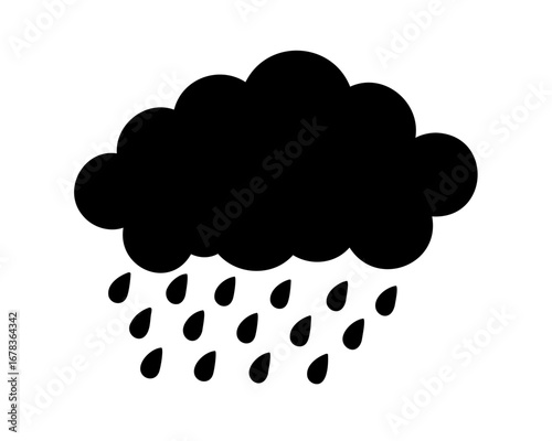 Single black cloud with falling rain isolated on white background illustration
