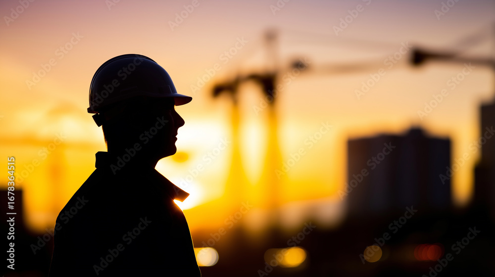 Fototapeta premium Silhouette of a construction worker wearing a helmet with cranes in the background at sunset.