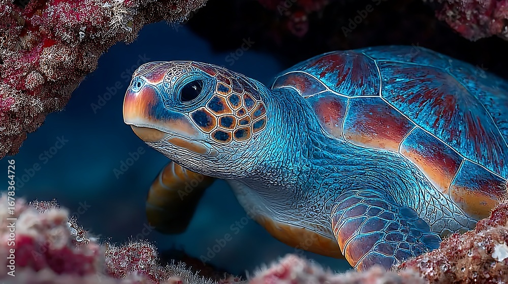 Fototapeta premium Stunning neon turtle glowing in coral high resolution picture