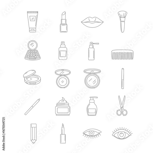 A collection of twenty line art icons depicting various makeup, cosmetic, and personal care products on a white background.