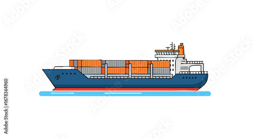 Stylized Container Ship Illustration Showcasing Global Trade and Maritime Logistics in a Clean and Modern Design