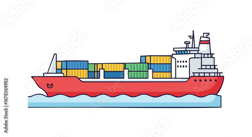 Stylized illustration of a cargo vessel transporting containers across the ocean surface depicted with gentle undulating waves