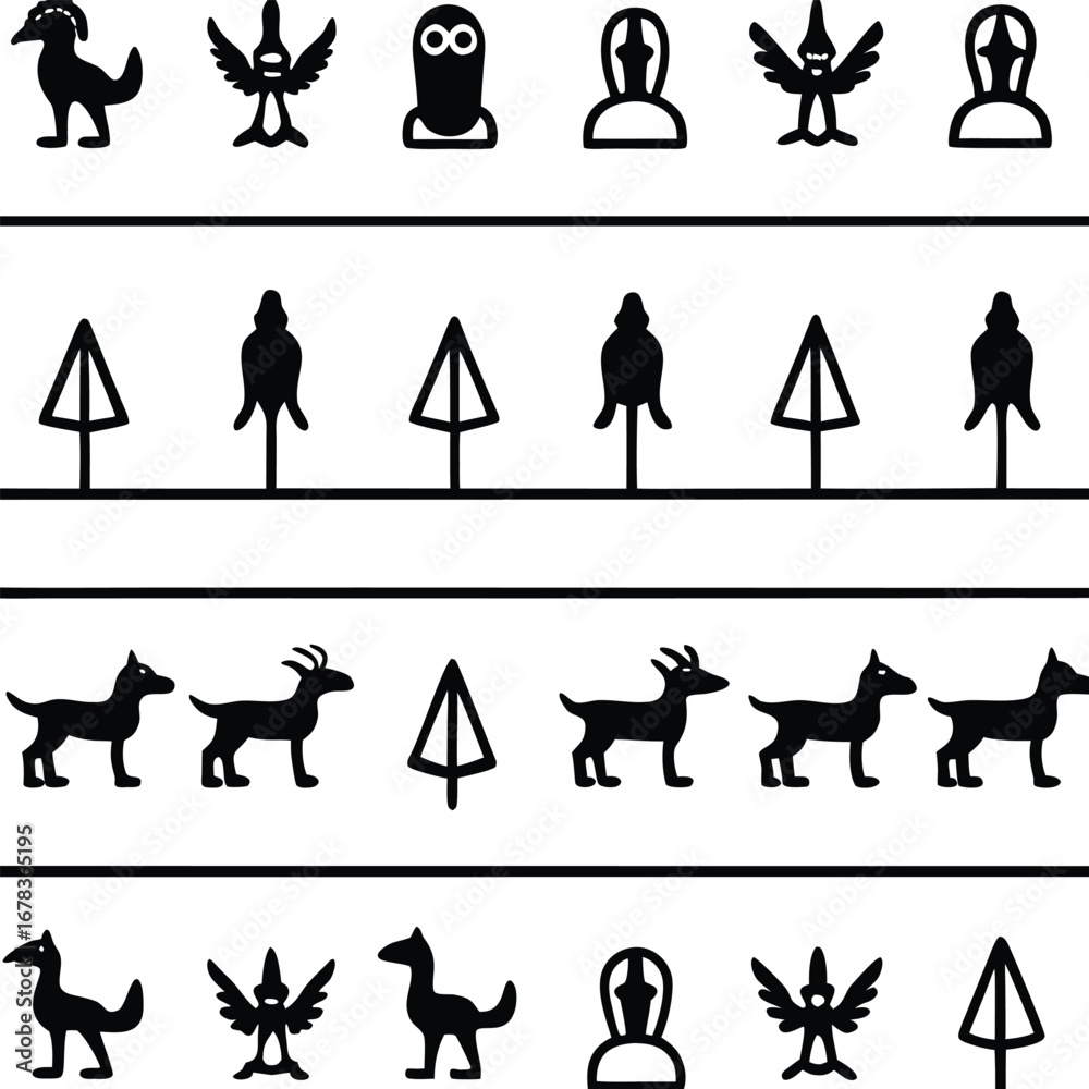 Fototapeta premium A collection of black silhouette pictograms showing ancient mythological figures, animals, and trees arranged in horizontal decorative friezes.