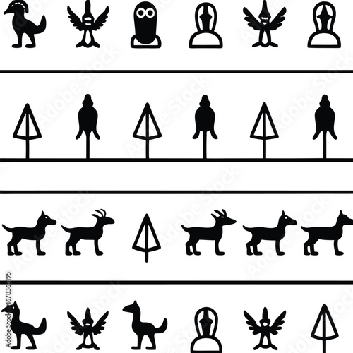 A collection of black silhouette pictograms showing ancient mythological figures, animals, and trees arranged in horizontal decorative friezes.