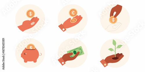Collection of icons illustrating financial concepts including saving investing and currency exchange
