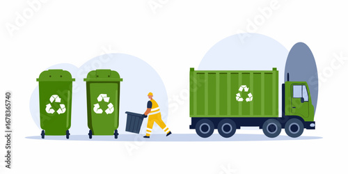 Sanitation worker in uniform collecting trash from recycling bins with a garbage truck