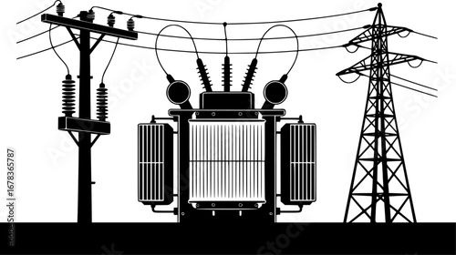 Vector art of silhouette of electrical transformer and power lines