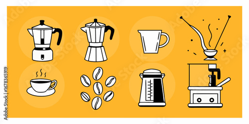 Collection of coffee making equipment and coffee beans illustrated in a simple line art style