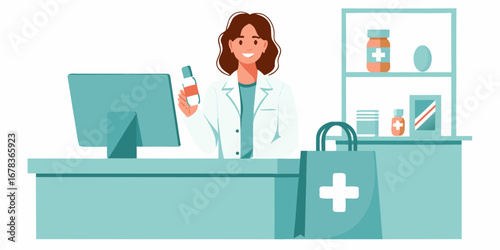 Friendly female pharmacist in a white coat holding a medicine bottle at the counter with a computer and pharmacy bag