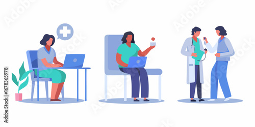 Diverse medical professionals and patients interacting in a modern healthcare setting with technology