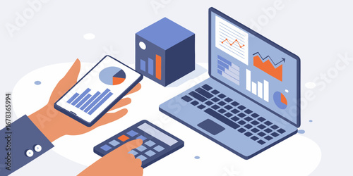 Close up of a person using a smartphone and calculator with a laptop displaying financial charts and graphs