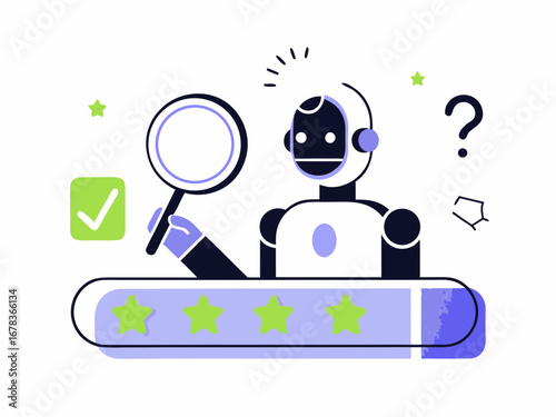 Robot with magnifying glass and checklist evaluates stars on a conveyor belt with question mark