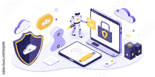 Robot securing data with digital shield and locked laptop in isometric cybersecurity concept