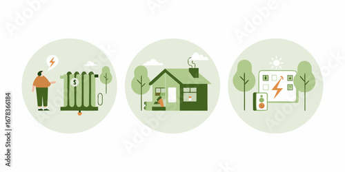 Modern illustration of home energy efficiency and management with three circular panels depicting concepts