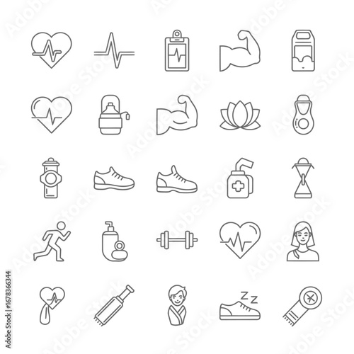 Collection of line art icons representing various health and wellness related activities.