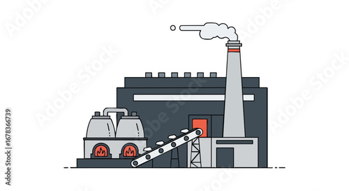 Stylized industrial plant depiction with smoke stack emitting gases and minimalistic building design showcasing ecological impact and energy sector