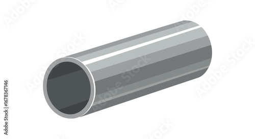 Isometric illustration of a cylindrical metal pipe section on a pristine white backdrop featuring varying gray shades to simulate reflections
