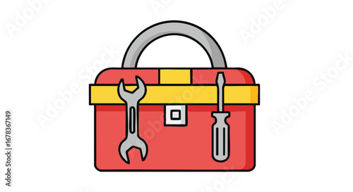 Cartoon tool box displaying a wrench and screwdriver providing an illustration of maintenance equipment for repair or construction works