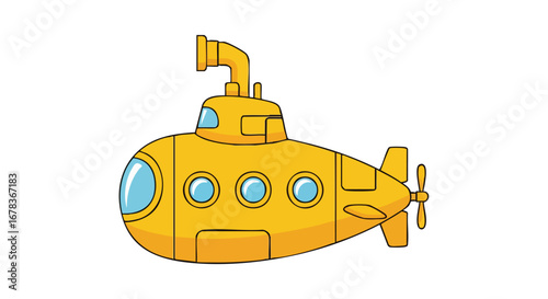 Playful Yellow Submarine Illustration with Rounded Windows and Periscope Against White Backdrop a Delightful Marine Adventure Visual