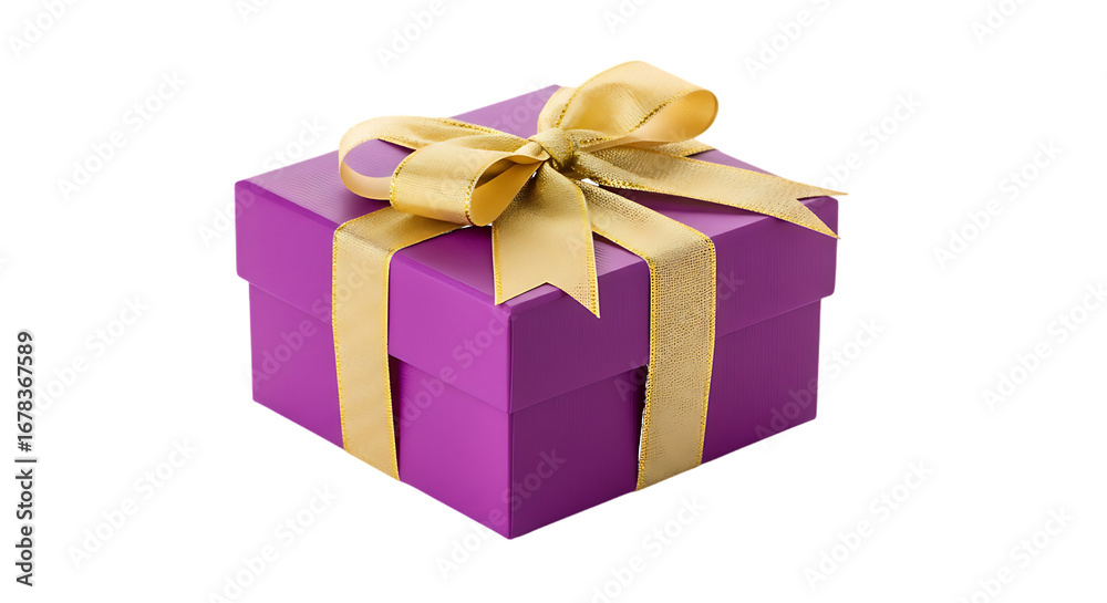 Obraz premium Purple Gift Box with Gold Ribbon Bow present isolated on a transparent background