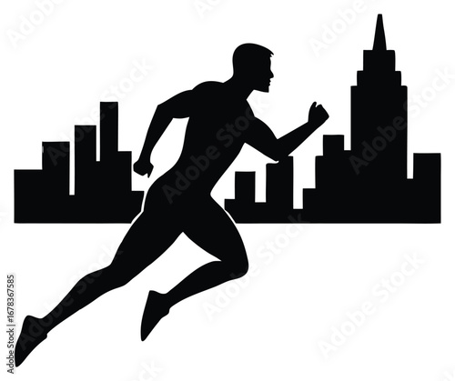 Silhouette of a man running against a city skyline background in black