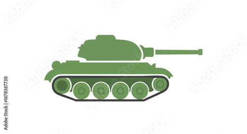 Illustration of a stylized olive green military tank on white background showcasing army vehicle in simplified graphic representation of armored
