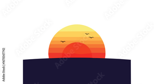 Stylized sunset over tranquil waters with birds in silhouette evoking peace and serenity minimal art design ideal for meditation concepts