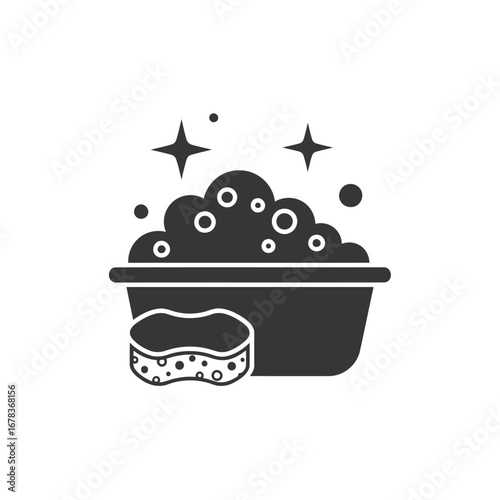 A black and white illustration of a plastic basin filled with soapy bubbles and a sponge.
