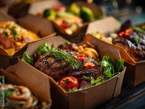 caesar salad with fried chicken meat take away plastic carton package lunch box food delivery