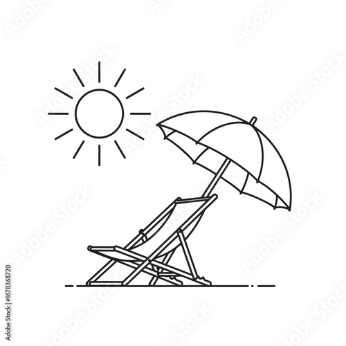 Beach chair under an umbrella in the sun, simple line art illustration.