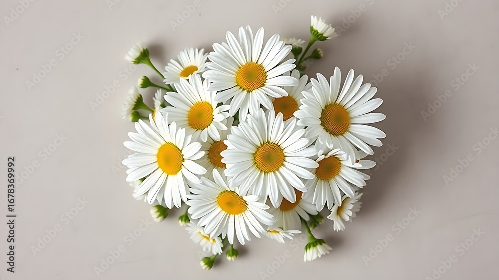 Fototapeta premium Fresh daisy bouquet arranged neatly on a neutral surface, showcasing natural beauty and simplicity.