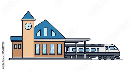 Vintage-style train station illustration with passenger train ready for a delightful journey across the countryside or a bustling urban center