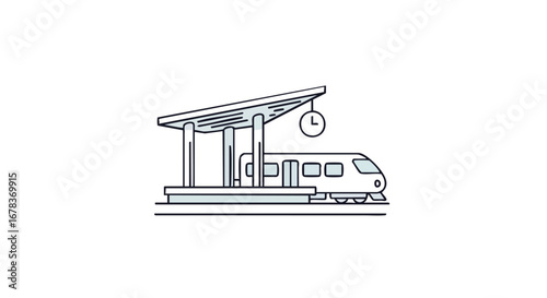 Stylized depiction of a train arriving at a station under shelter with clock hanging, minimalistic design for travel or transportation concept