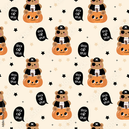 seamless pattern pirate teddy bear on pumpkin jack o lantern trick or treat