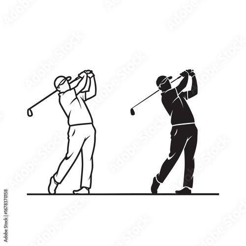 Line art and silhouette of a golfer swinging a club.