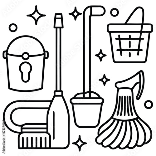 A collection of cleaning supplies including a bucket, mop, brush, and spray bottle, depicted in a simple line art style with sparkling accents.