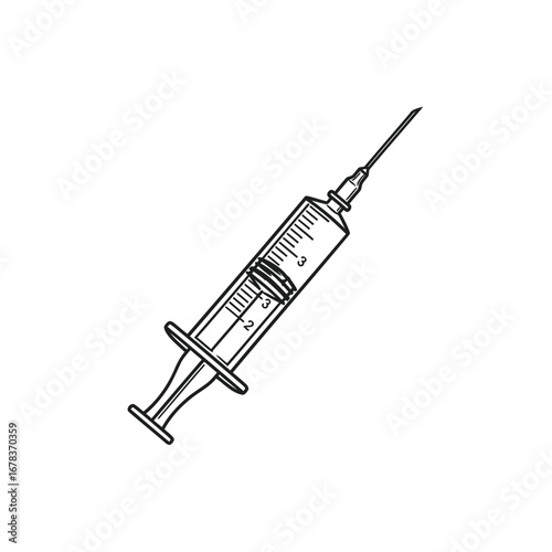 A black and white line drawing of a medical syringe with a needle and measurement markings on the barrel.