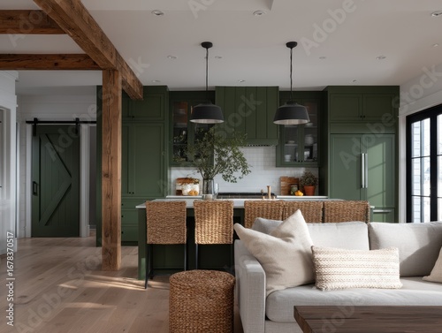A sun-drenched, modern farmhouse kitchen and living room blend seamlessly with warm tones and natural textures.