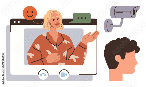 Woman speaking during virtual meeting on screen, speech bubble and webcam, CCTV camera, user profile head. Ideal for digital communication, security, monitoring, technology, discussion remote work