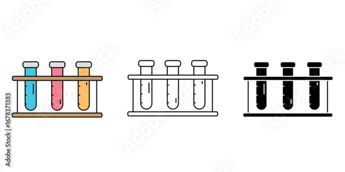 Test tube icons set, laboratory glassware experiment equipment with chemical samples, clinical analysis, and medical research, pharmaceutical, science education vector illustration.