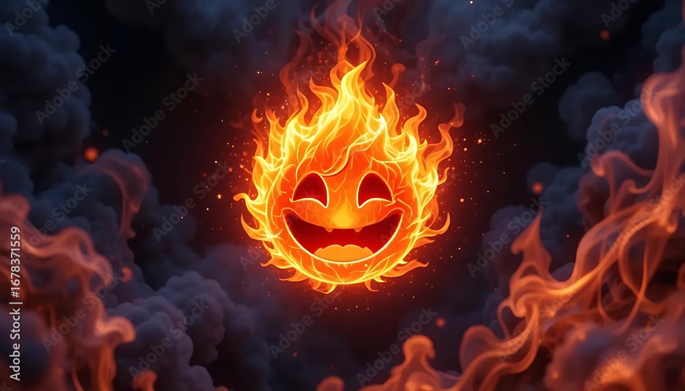 Fototapeta premium Happy flaming face smiles brightly amidst dark smoke and fiery particles