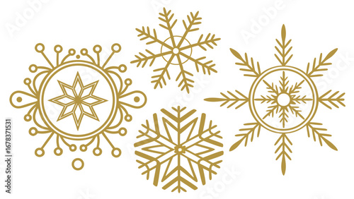 Collection of four elegant gold snowflake designs isolated on a white background for winter celebrations