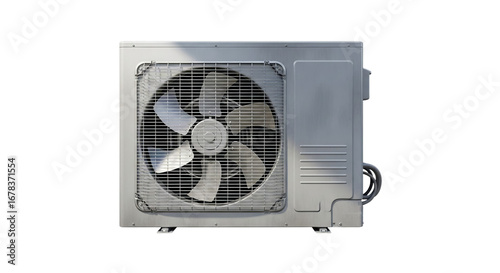 Isolated realistic 3D render of an outdoor air conditioning unit. Weathered industrial cooling system with visible fan blades and metallic casing on white