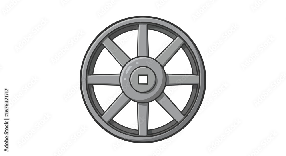 Obraz premium Detailed artistic illustration of a gray vintage wooden wagon wheel, centered against a stark white backdrop, showcasing craftsmanship and rustic