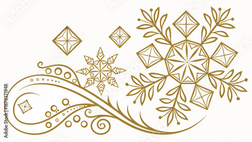 Elegant gold snowflake and floral ornamental design with geometric diamond shapes on white background