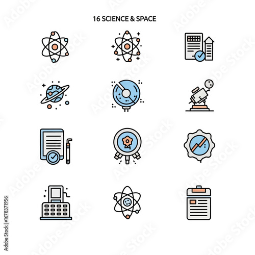Explore scientific discovery with modern icons for atoms, planets, telescopes, and research.